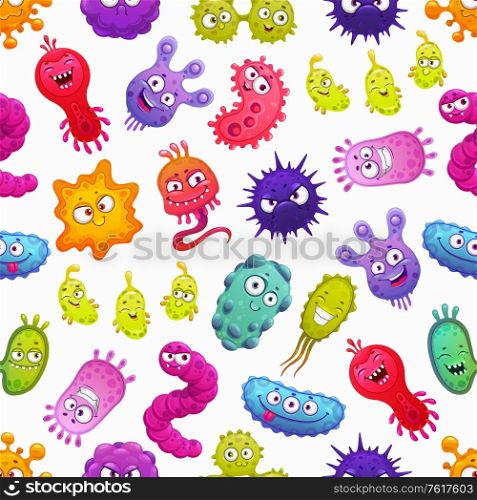 Virus, bacteria and germ vector seamless pattern with cute microbe monster characters. Cartoon background with cells of infectious disease pathogens, coronavirus, flu, adenovirus, influenza, rotavirus. Virus, bacteria and germ cartoon seamless pattern