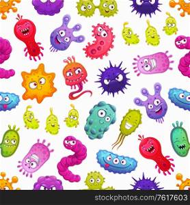 Virus, bacteria and germ vector seamless pattern with cute microbe monster characters. Cartoon background with cells of infectious disease pathogens, coronavirus, flu, adenovirus, influenza, rotavirus. Virus, bacteria and germ cartoon seamless pattern