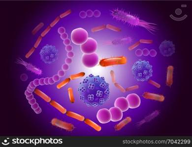 Virus bacteria cell cancer set background soup pattern. Science microbiology. Different bacteria types. Vector