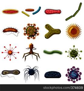 Virus bacteria icons set. Cartoon illustration of 16 virus bacteria vector icons for web. Virus bacteria icons set, cartoon style