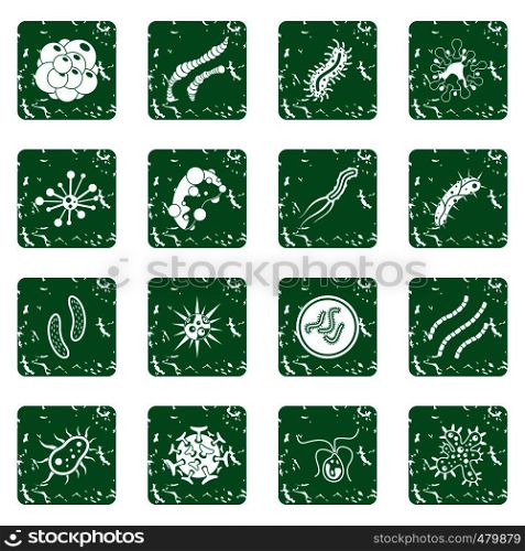 Virus bacteria icons set in grunge style green isolated vector illustration. Virus bacteria icons set grunge