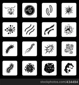 Virus bacteria icons set in white squares on black background simple style vector illustration. Virus bacteria icons set squares vector
