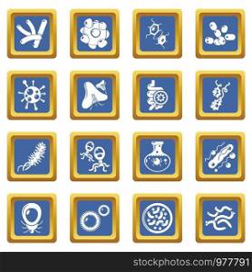 Virus bacteria icons set vector blue square isolated on white background . Virus bacteria icons set blue square vector