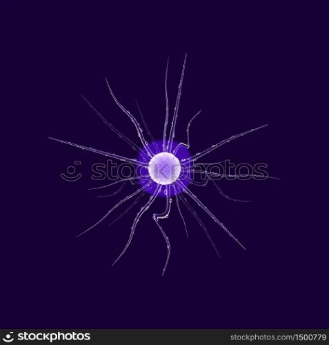 Virus cell realistic vector illustration. Pathogenic circle shape organism with antennas. Microbiological analysis. 3d isolated color microorganism under microscope on dark blue background. Virus cell realistic vector illustration