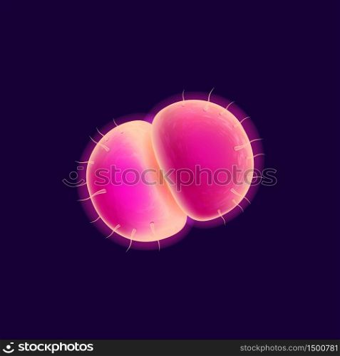 Virus cell realistic vector illustration. Pathogenic organism. Bacteria 3d isolated pink color connected round shapes. Microorganism under microscope on dark blue background. Virus cell realistic vector illustration
