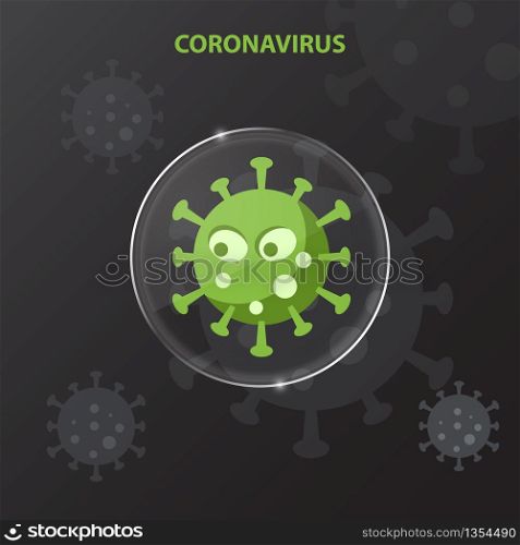 Virus character inside glass lens coronavirus covid-19 on black background. Health care and medical concept. Flat cartoon design.