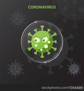 Virus character inside glass lens coronavirus covid-19 on black background. Health care and medical concept. Flat cartoon design.