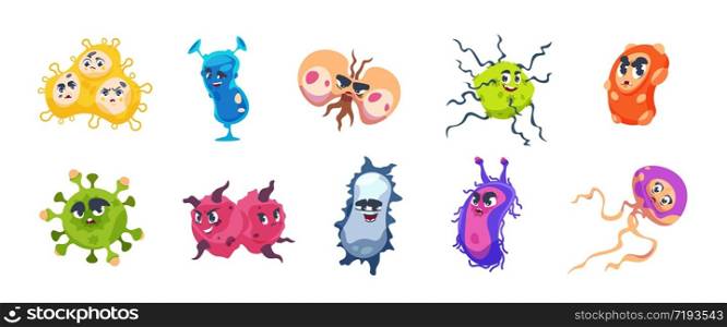 Virus characters. Cartoon infection bacteria and flu germs bacillus, microbiology disease emoticons. Vector microbe organism collection with funny faces on white background. Virus characters. Cartoon infection bacteria and flu germs, microbiology disease emoticons. Vector microbe organism collection with funny faces