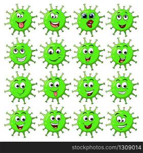 Virus corona cell cartoon character design with happyface. Coronavirus vector illustration with facial expression big set isolated on white background