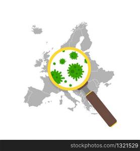Virus Coronavirus on a map of Europe in a magnifier in flat style. Vector illustration. Virus Coronavirus on a map of Europe in a magnifier in flat style. Vector