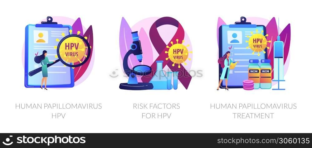 Virus diagnostic, infected cells analyzing. Human papillomavirus HPV, risk factors for HPV, human papillomavirus treatment metaphors. Vector isolated concept metaphor illustrations.. Human papillomavirus vector concept metaphors.