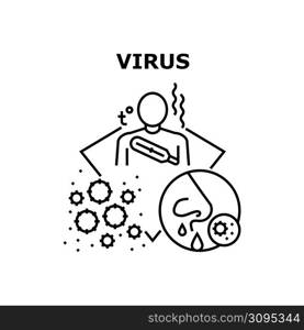 Virus Disease Vector Icon Concept. Runny Nose And Body High Temperature Coronavirus Virus Disease Symptom, Covid-19 And Influenza Bacterial Infection Health Problem Black Illustration. Virus Disease Vector Concept Color Illustration