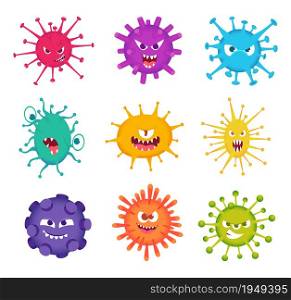 Virus faces. Medical characters bacteria mascot smiling monster pathogenic virus exact vector set. Illustration illness and influenza collection. Virus faces. Medical characters bacteria mascot smiling monster pathogenic virus exact vector set