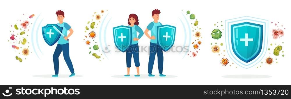 Virus germs and bacteria protection. Healthy immune system, adult man and woman protected from viruses and bacterias by immunity shield vector iilustration set. Person resistant and prevention disease. Virus germs and bacteria protection. Healthy immune system, adult man and woman protected from viruses and bacterias by immunity shield vector iilustration set