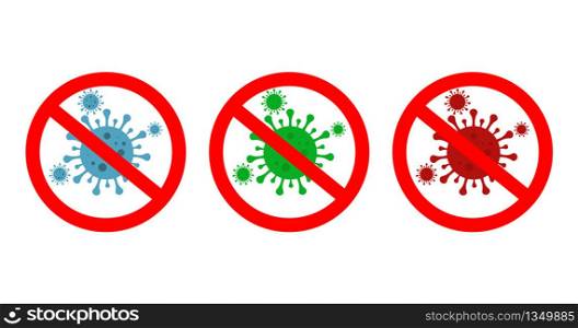 Virus icons. Stop corona. Sign bacteria danger. Antibacterial protection. Cell microbe infection. Warning coronavirus. Blue, green, red symbol of quarantine. Sign antiseptic and prevention. Vector.. Virus icons. Stop corona. Sign bacteria danger. Antibacterial protection. Cell microbe infection. Warning coronavirus. Blue, green, red symbol of quarantine. Sign antiseptic and prevention. Vector