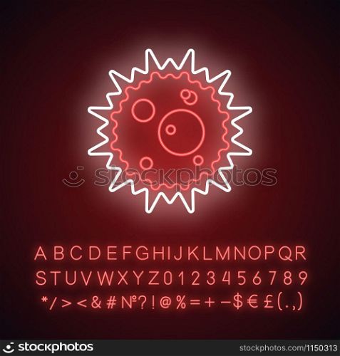 Virus infection neon light icon. Influenza microbe. Flu germs. Microbiology. Virus outbreak. Contagious disease. Glowing sign with alphabet, numbers and symbols. Vector isolated illustration