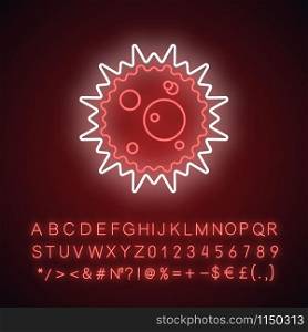 Virus infection neon light icon. Influenza microbe. Flu germs. Microbiology. Virus outbreak. Contagious disease. Glowing sign with alphabet, numbers and symbols. Vector isolated illustration