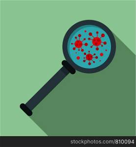 Virus magnify glass inspection icon. Flat illustration of virus magnify glass inspection vector icon for web design. Virus magnify glass inspection icon, flat style