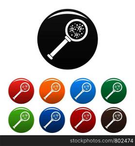 Virus magnify glass inspection icons set 9 color vector isolated on white for any design. Virus magnify glass inspection icons set color