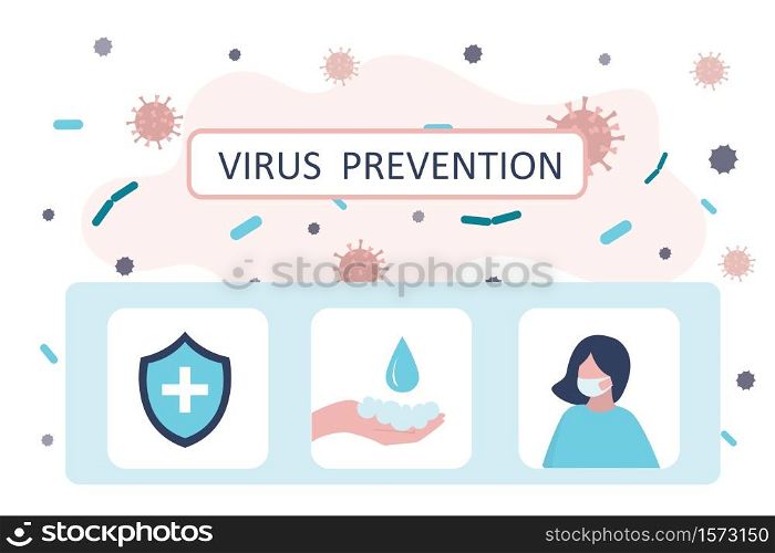 Virus prevention concept banner. Cards with security shield, wear protective mask and washing hands with soap. Health care concept. Global epidemic or pandemic. Trendy vector illustration