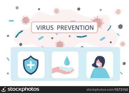 Virus prevention concept banner. Cards with security shield, wear protective mask and washing hands with soap. Health care concept. Global epidemic or pandemic. Trendy vector illustration