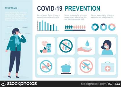 Virus prevention concept infographic. Banner with signs about wash hands, wear protective masks, disinfect objects and health care. Sick woman with virus symptoms. Global pandemic. Vector illustration