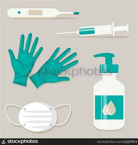 Virus prevention equipment set. Medical kit, Medical Virus Protection. Personal protective equipment - medical mask, latex gloves, thermometer, disinfectant, syringe and vaccine