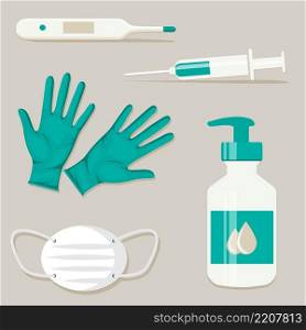 Virus prevention equipment set. Medical kit, Medical Virus Protection. Personal protective equipment - medical mask, latex gloves, thermometer, disinfectant, syringe and vaccine