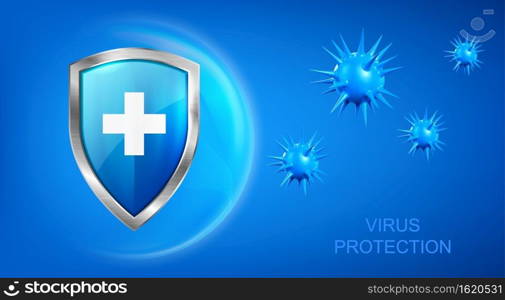 Virus protection banner with shield, cross and bacteria piked cells flying on blue background. Anti bacterial or germ defence, immune system protect medical poster, Realistic 3d vector illustration. Virus protection banner with shield and bacteria