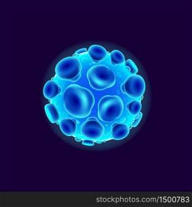 Virus realistic vector illustration. Bacterial cell. Pathogenic organism. Microbiological analysis. 3d isolated color circle shape microorganism. HPV under microscope on dark blue background. Virus realistic vector illustration