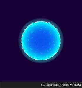 Virus realistic vector illustration. Bacterial cell. Pathogenic organism. Microbiological analysis. 3d isolated blue color circle shape microorganism under microscope on dark blue background. Virus realistic vector illustration