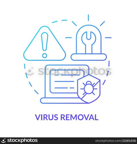 Virus removal blue gradient concept icon. Delete malicious software. Type of repair abstract idea thin line illustration. Isolated outline drawing. Roboto-Medium, Myriad Pro-Bold fonts used. Virus removal blue gradient concept icon