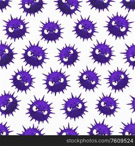 Virus seamless pattern, cartoon microbes on white background. Germs and corona virus rna covid 19 barbed purple cells with angry faces and eyes. Coronavirus pandemic, Covid19 germs or flu bacteria. Virus seamless pattern, cartoon microbes cells