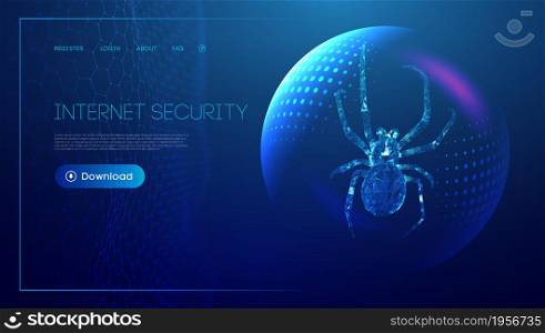 Virus spider in low poly style on blue background. Cybercryme technology network web vector illustration. Internet fraud abstract vector background.. Virus spider in low poly style on blue background with sphere shield. Cybercryme technology network web vector illustration. Internet fraud abstract vector background. Cyber criminal hacker attack.