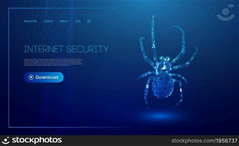 Virus spider in low poly style on blue background. Cybercryme technology network web vector illustration. Internet fraud abstract vector background.. Virus spider in low poly style on blue background. Cybercryme technology network web vector illustration. Internet fraud abstract vector background. Cyber criminal hacker attack.