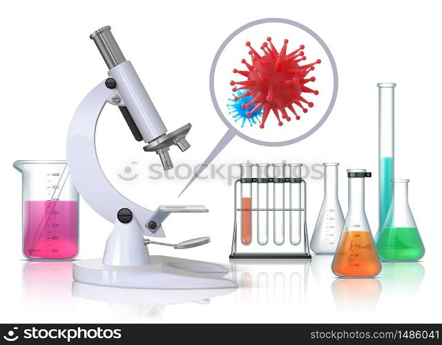 Virus under microscope. Realistic medical laboratory equipment and flu infection magnification, coronavirus disease vaccine research. Vector survey science concept. Virus under microscope. Realistic medical laboratory equipment and flu infection magnification, coronavirus disease vaccine research. Vector survey concept