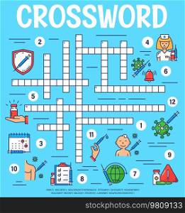 Virus vaccine and vaccination. Crossword grid worksheet. Find a word quiz, vocabulary game, crossword puzzle or riddle vector page with vaccination calendar, vaccine syringe and nurse, virus cells. Virus vaccine and vaccination crossword worksheet