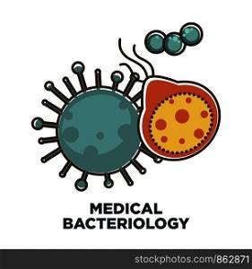 Viruses and bacteria icon for medical bacteriology science or microbes biology study and medical healthcare concept. Vector flat design of viruses, bacteria and microbes for viral disease or infection prevention. Viruses and bacteria vector icon for medical bacteriology study or healthcare science
