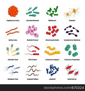 Viruses and bacteria icons set. Flat illustration of 16 viruses and bacteria vector icons for web. Viruses and bacteria icons set, flat style