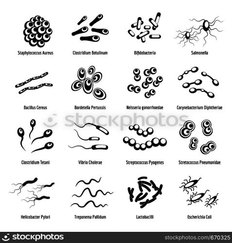 Viruses and bacteria icons set. Simple illustration of 16 viruses and bacteria vector icons isolated on white background. Viruses and bacteria icons set, simple style