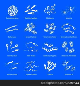 Viruses and bacteria icons set. Simple illustration of 16 viruses and bacteria vector icons isolated on white background. Viruses and bacteria icons set, simple style