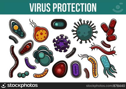 Viruses and bacteria information poster for medical healthcare infographics or bacteriology science. Vector flat design for viral disease or bacteria infection prevention and biology study. Viruses and bacteria information poster for medical healthcare infographics or bacteriology science.