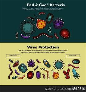 Viruses bacteria and microbes medical or healthcare banners. Vector flat design for bacteriology medicine or virus disease prevention information and infographics of hospital web site. Viruses bacteria and microbes medical or healthcare vector flat banners design