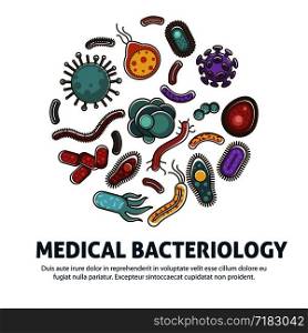 Viruses, bacteria and microbes poster for biology study or medical healthcare concept. Vector flat design of good and bad viruses, bacteria and microbes information. Viruses, bacteria and microbes poster for biology study or medical healthcare concept.