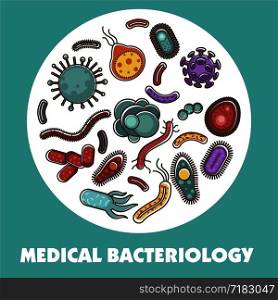 Viruses, bacteria and microbes poster for biology study or medical healthcare concept. Vector flat design of good and bad viruses, bacteria and microbes information. Viruses, bacteria and microbes poster for biology study or medical healthcare concept.