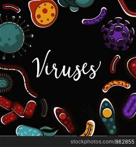 Viruses, bacteria and microbes poster for biology study or medical healthcare concept. Vector flat design of viruses, bacteria and microbes for bacteriology or hospital information on viral disease. Viruses and bacteria vector poster design for medical healthcare and biology or bacteriology science