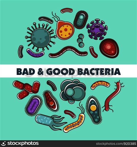 Viruses, bacteria and microbes poster for biology study or medical healthcare concept. Vector flat design illustration of good and bad viruses, bacteria and microbes information. Viruses, bacteria and microbes poster for biology study or medical healthcare concept.