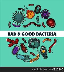 Viruses, bacteria and microbes poster for biology study or medical healthcare concept. Vector flat design illustration of good and bad viruses, bacteria and microbes information. Viruses, bacteria and microbes poster for biology study or medical healthcare concept.