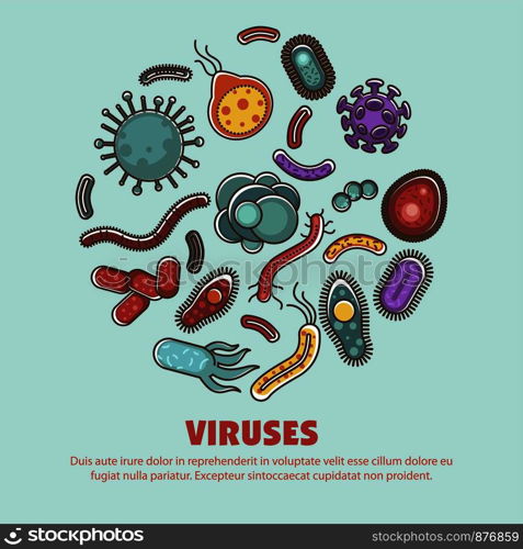 Viruses bacteria small healthy and harmful organism vector. Microscopic creatures of different shapes and form, molecular cells and micro bacillus germs. Biological study and research of probiotics. Viruses bacteria harmful and healthy harmful organism vector