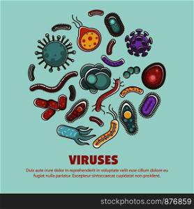Viruses bacteria small healthy and harmful organism vector. Microscopic creatures of different shapes and form, molecular cells and micro bacillus germs. Biological study and research of probiotics. Viruses bacteria harmful and healthy harmful organism vector